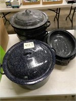 3 Enamelware Pots & 2 Roasters