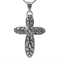 Floral Relief Cross Pendant Sterling Silver