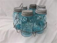 ANTIQUE BALL JARS WITH WIRE RACK - 1 AS IS  8"T