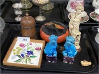 Asian figures, folk art tile, turned saffron.