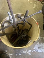 Bucket of Tools w/ 4 way, crow bars, pipe wrench,
