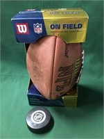 Unidentified Signed Hockey Puck & Football