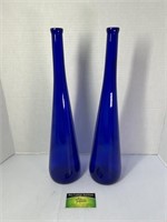 2 Tall Blue Glass Vases