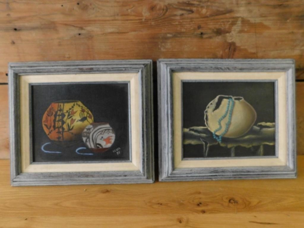 STILL LIFE PAINTINGS FRAMED SET OF 2 VINTAGE ANTIQ