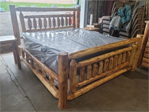 King Size Amish Solid Log Bed W/Mattress & Box