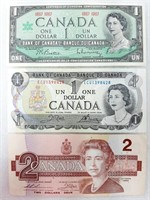 Billets de 1$ CANADA 1967 et 1973 + 2$ CANADA 1986