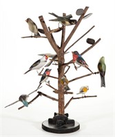 FOLK ART CARVED AND PAINTED WOOD BIRD TREE,