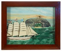 FOLK ART CARVED AND PAINTED SHIP DIORAMA,