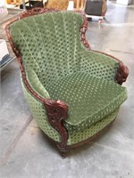 Vintage 1930s carved frame armchair, green mohair