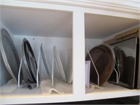 CABINET FULL OF PLATTERS, WOOD BOWL, PANS, & MORE