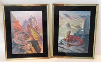6 dragon art prints, framed, largest 20" x 16" -