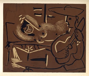 Pablo Picasso linocut "Reclining Woman and Guitar-