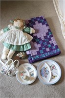 BABY QUILT, 2 PLATES, SHOES, DOLL