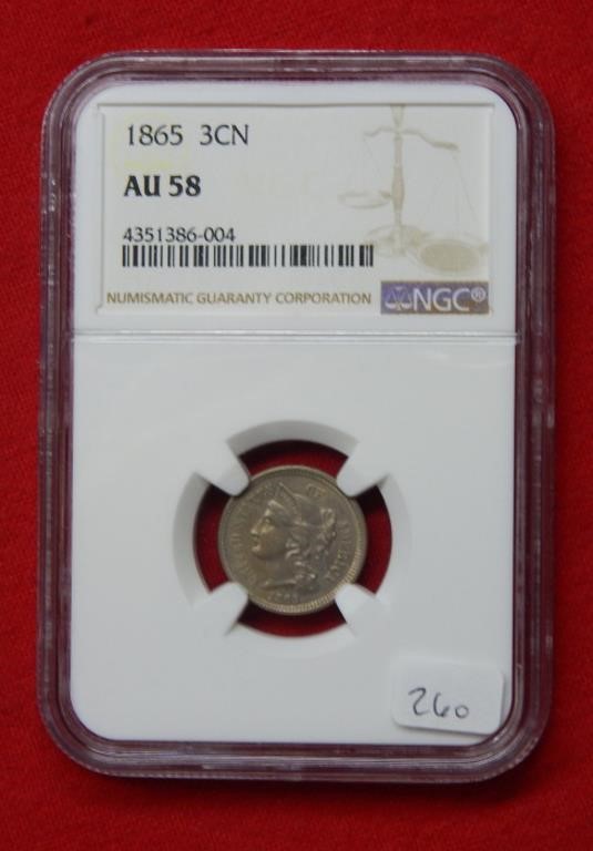 1865 Three Cent Nickel  NGC AU58