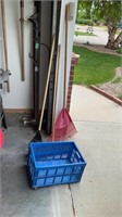 Crate, rakes, and broom