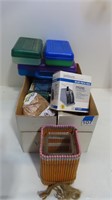 pencil boxes, postal scale, desk supplies