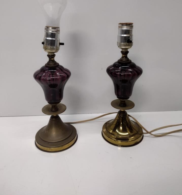Vintage Brass and Purple Glass Table Lamps