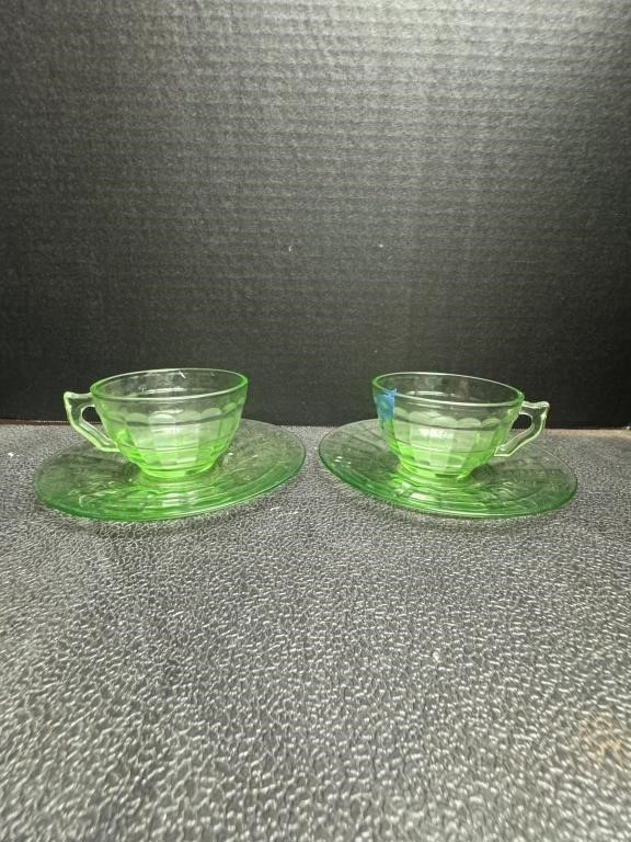 Uranium Glass Cups And Saucers