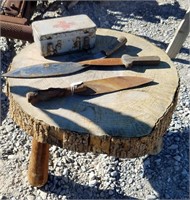 Mixed Lot Of Knifes, First Aid Kit & Log Stool