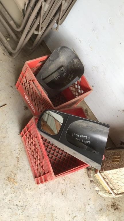 Two red crates and side mirrors
