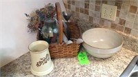 Decorative basket, large mixing bowl, and utensil