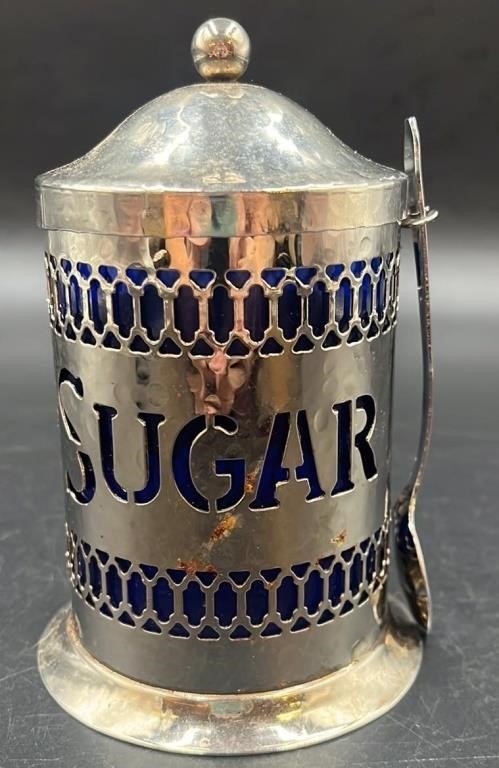 Antique Silver Cobalt Covered Sugar W Spoon