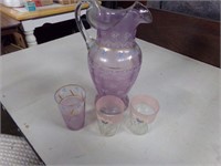 Beutiful hand blown pitcher and 3 glasses