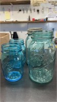 4 blue ball canning jars, one with zinc lid, 2