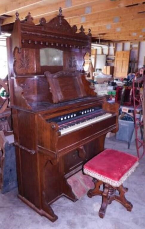 Antique carved walnut Windsor pump organ,