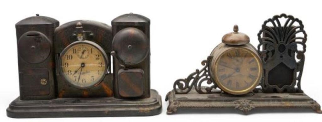 Pair of Black Metal Darche Antique Alarm Clocks.