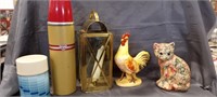 Ceramic Rooster & Cat, (2) Thermos, Candle Holder