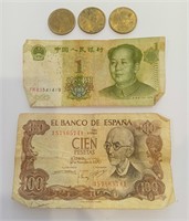 Spanish Bank Note, 1 Yuan & $1 Coins