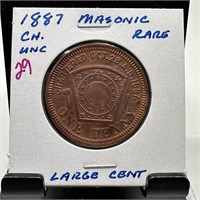 1887 MASONIC LARGE CENT UNC RARE TOKEN