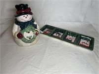 Snowman cookie jar and relish tray