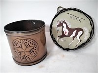 1997 Painted Leather Horse Decor & Metal Bin