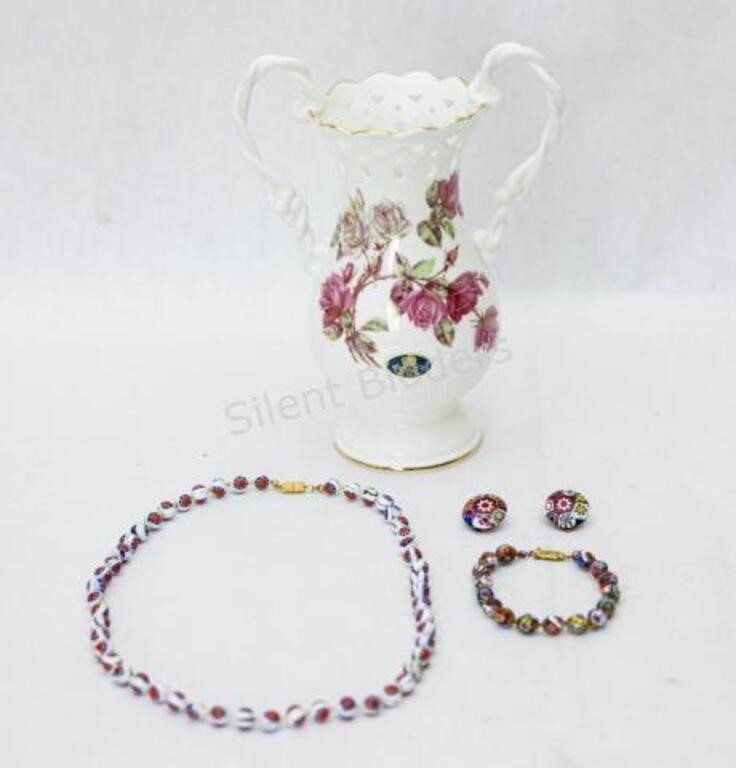 Venetian Millefiori Murano Glass Beads Set & Vase