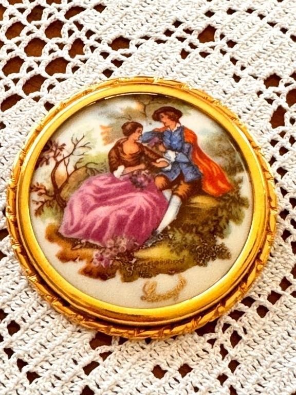 Vintage Signed Limoge Brooch hand painted