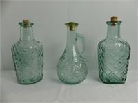 3 PRESS GLASS FRUIT & LEAF PATTERN DECANTERS
