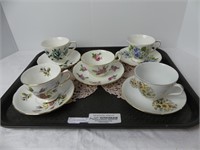 TRAY: 5 HAND PAINTED CUPS & SAUCERS