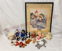 Vintage Framed Doll Print, Small Plush & Toys