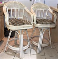 Glossy Painted Wood and Wicker Bar Stools