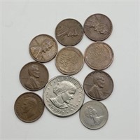 VARIOUS COINS: SUSAN B ANTHONY, WHEAT PENNIES &