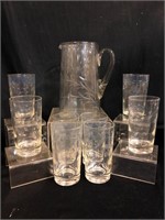 Etched Glass Pitcher & Tumblers