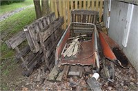 Garden cart, wheelbarrow, old sled, pallets, patio