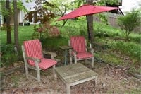 Wooden patio furniture with 2 cushions, low table,