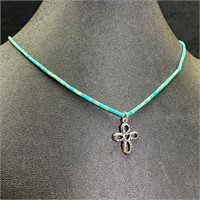 Sterling Turquoise Bead Necklace Cross Pendant