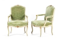 PAIR OF FRENCH CARVED AND PAINTED FAUTEUILS