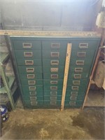 30 drawer metal hardware cabinet and contents