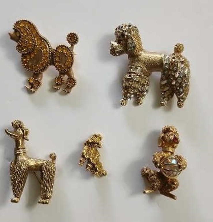 FIVE vintage Poodle pins/brooches
