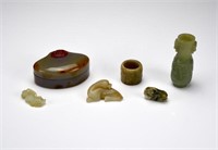 SIX CHINESE JADE AND AGATE CARVED PIECES